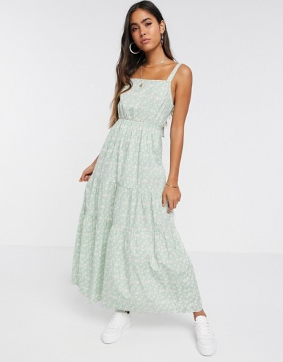 Vero Moda tiered floral maxi dress with tie back detail in green daisy print