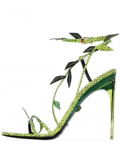 VERSACE 110mm snakeskin-effect leaf stiletto sandals in green leather - flipped