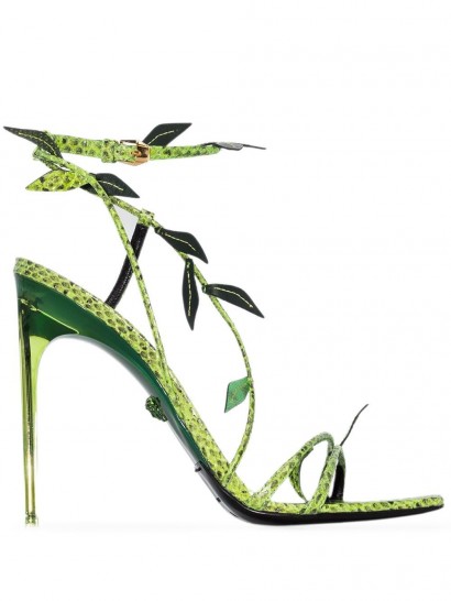 VERSACE 110mm snakeskin-effect leaf stiletto sandals in green leather