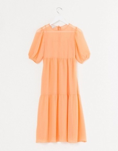 Warehouse chiffon tiered maxi dress in orange | puff sleeve dresses - flipped