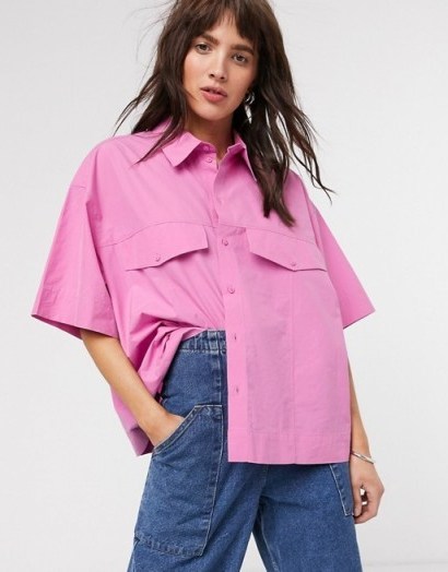 Weekday Shayla organic cotton boxy shirt in pink - flipped