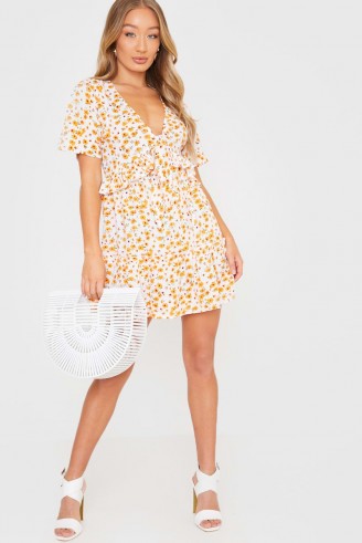 In The Style WHITE AND ORANGE FLORAL TIE FRONT FRILL MINI DRESS