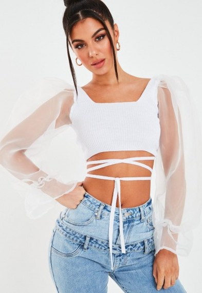 Missguided white organza sleeve knitted tie front crop top - flipped