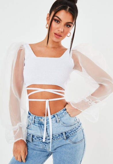 Missguided white organza sleeve knitted tie front crop top