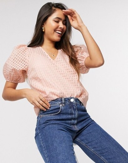 Y.A.S organza blouse with puff sleeves in pink check - flipped