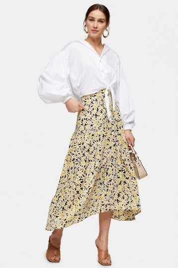Topshop Yellow Daisy Print Tiered Midi Skirt | spring skirts - flipped