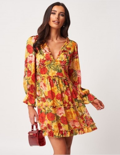 Forever Unique Yellow Floral Floaty Ruffle Mini Dress / open back dresses
