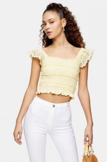TOPSHOP Yellow Shirred Frill Sleeve Top ~ summer crop tops - flipped
