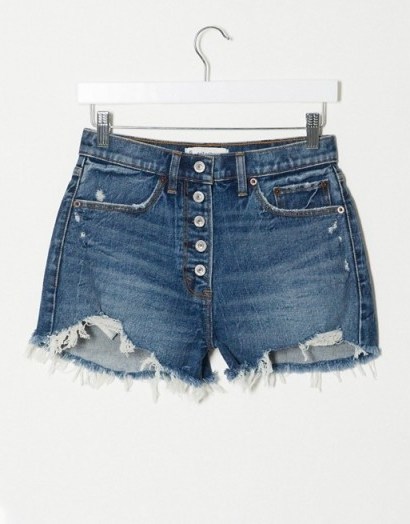 Abercrombie & Fitch exposed button high waisted denim short in mid blue | distressed shorts - flipped