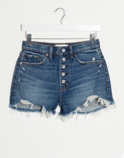 Abercrombie & Fitch exposed button high waisted denim short in mid blue | distressed shorts