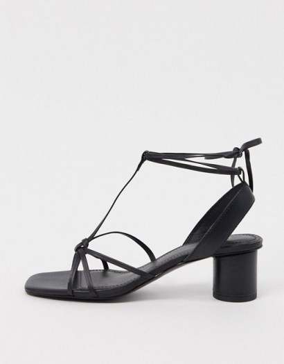 & Other Stories leather square toe sandal with round heel in black / strappy sandals - flipped