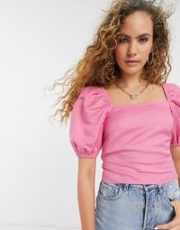 & Other Stories linen cropped puff sleeve top in pink