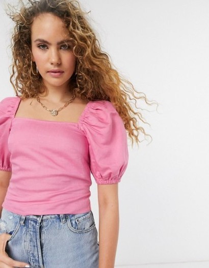 & Other Stories linen cropped puff sleeve top in pink - flipped
