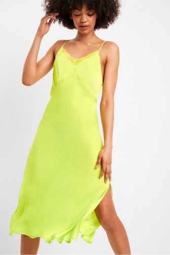 French Connection ANDELA SATIN NEON LACE TRIM SLIP DRESS in Lime Punch - flipped
