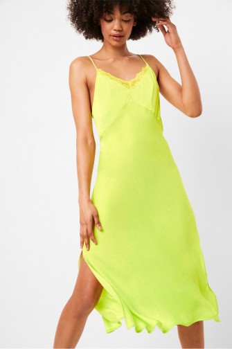 French Connection ANDELA SATIN NEON LACE TRIM SLIP DRESS in Lime Punch