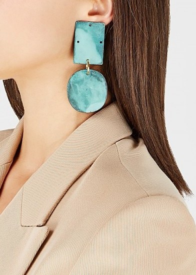 ANNIE COSTELLO BROWN Overt cyan patina drop earrings / glamorous geo shape drops - flipped