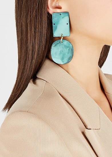 ANNIE COSTELLO BROWN Overt cyan patina drop earrings / glamorous geo shape drops