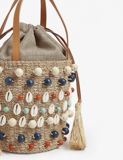 ARANAZ Octo shell raffia bucket bag / seashell embellished summer bags