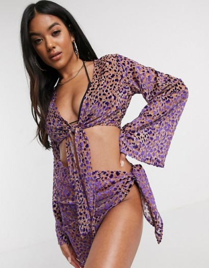 ASOS DESIGN beach top and sarong co-ord in purple burnout animal print