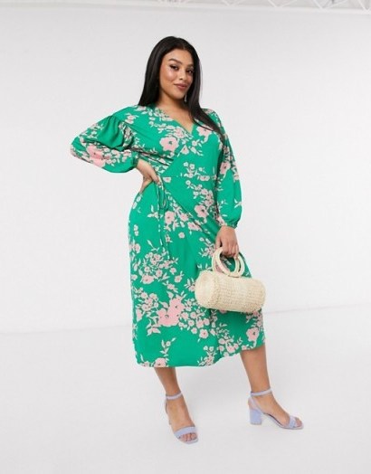 ASOS DESIGN Curve wrap midi tea dress with bright floral – green & pink plus size dresses - flipped