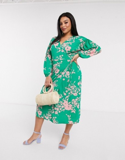 ASOS DESIGN Curve wrap midi tea dress with bright floral – green & pink plus size dresses