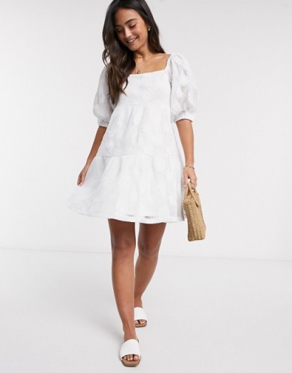 ASOS DESIGN embroidered lace mini smock dress in white – square neck dresses