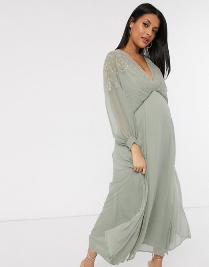 ASOS DESIGN Maternity embroidered yoke crinkle chiffon maxi dress sage green – pregnancy occasion wear - flipped