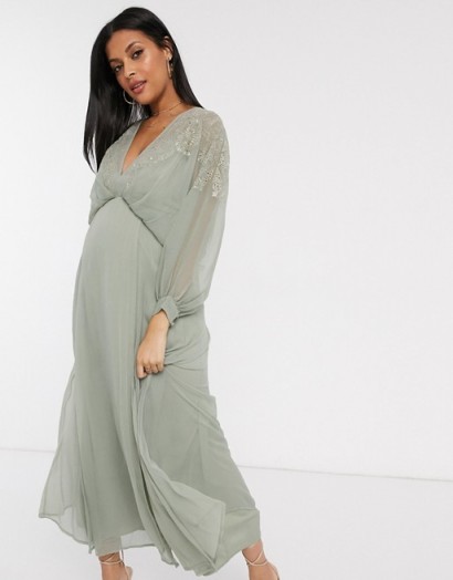 ASOS DESIGN Maternity embroidered yoke crinkle chiffon maxi dress sage green – pregnancy occasion wear