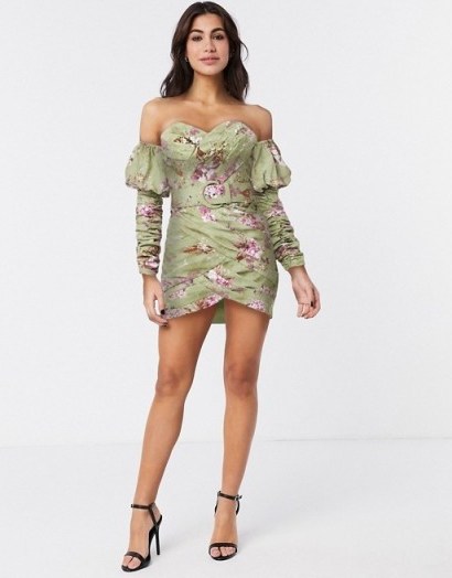 ASOS DESIGN off shoulder pleated mini dress with belt in floral print / green ruched bardot dresses - flipped