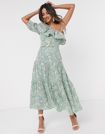ASOS DESIGN one shoulder broderie ruffle maxi dress with raffia belt in sage green - flipped