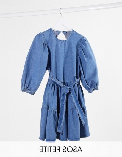 ASOS DESIGN Petite denim mini smock dress with self belt in mid wash blue | open back dresses - flipped
