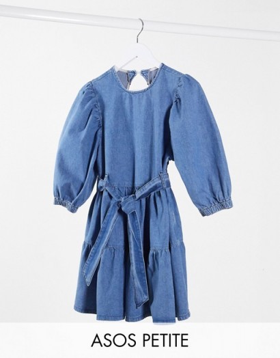 ASOS DESIGN Petite denim mini smock dress with self belt in mid wash blue | open back dresses