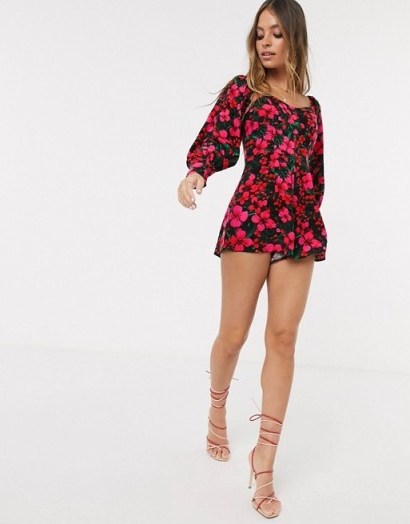 ASOS DESIGN Petite square neck cupped playsuit in bright floral print - flipped
