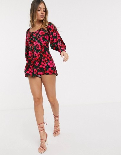 ASOS DESIGN Petite square neck cupped playsuit in bright floral print