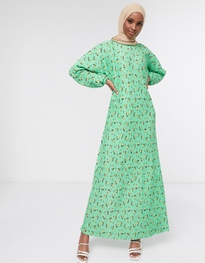ASOS DESIGN plisse maxi dress with long sleeves in green floral - flipped
