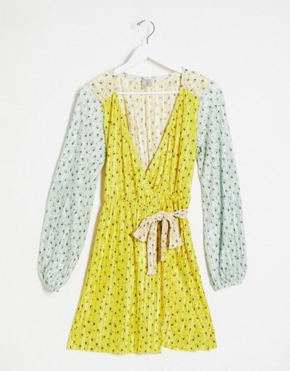 ASOS DESIGN plisse mini wrap dress in contrast ditsy floral print / colourblock frock