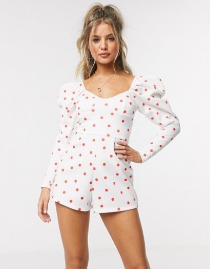 ASOS DESIGN puff sleeve scuba playsuit in red spot print - flipped