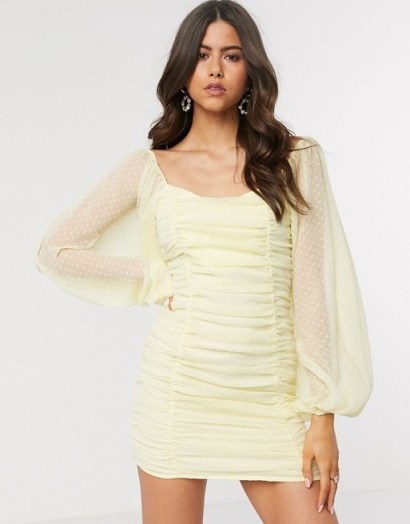 ASOS DESIGN ruched bodycon mini dress with balloon sleeves in lemon yellow dobby - flipped