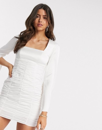 ASOS DESIGN ruched mini dress with satin top and split sleeve in ivory – LWD