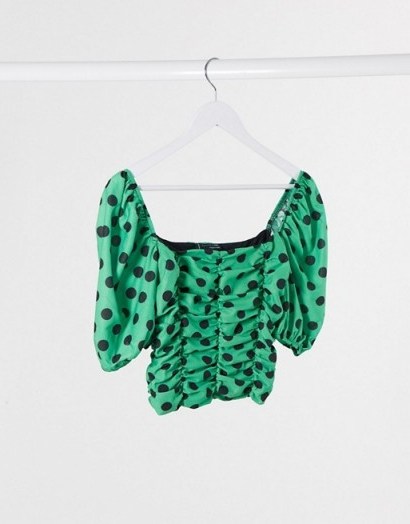 ASOS DESIGN ruched top with puff sleeve in green spot – bright front gathered tops - flipped