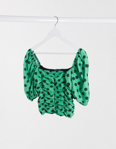 ASOS DESIGN ruched top with puff sleeve in green spot – bright front gathered tops