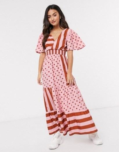 ASOS DESIGN v front v back maxi dress with shirred waist in spot and stripe print pink/red – mixed prints - flipped
