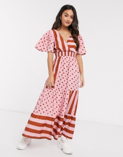 ASOS DESIGN v front v back maxi dress with shirred waist in spot and stripe print pink/red – mixed prints