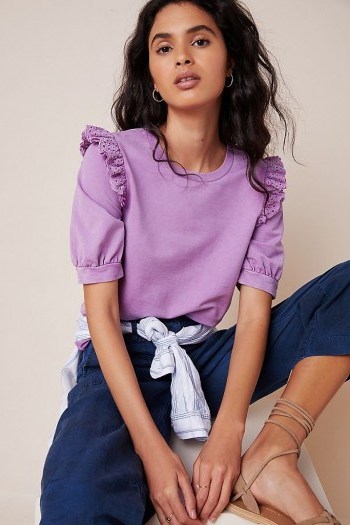 Eri + Ali Maeza Eyelet-Detailed Sweatshirt Violet – frill shoulder-detail top - flipped