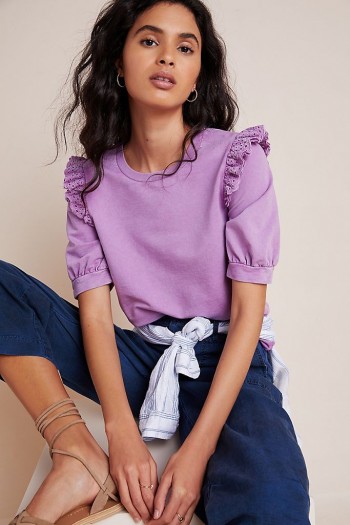 Eri + Ali Maeza Eyelet-Detailed Sweatshirt Violet – frill shoulder-detail top