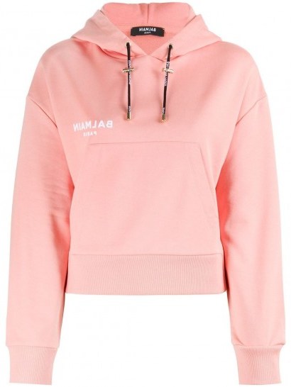 BALMAIN pink logo-print drawstring hoodie - flipped
