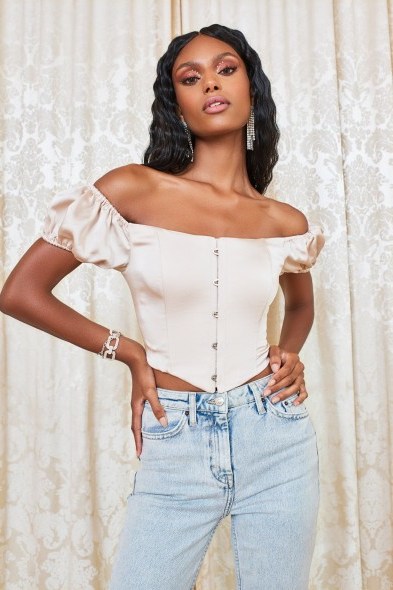 lavish alice bardot puff sleeve satin corset top in champagne | off the shoulder fitted tops - flipped