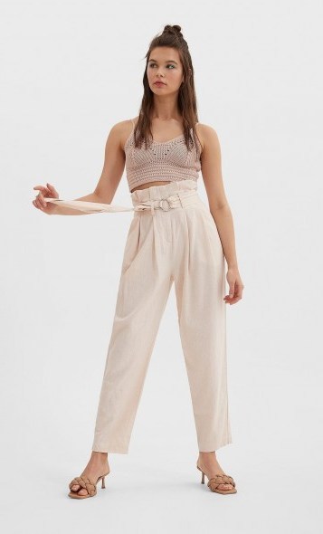 STRADIVARIUS Belted paperbag linen trousers salmon pink – high waisted summer pants - flipped