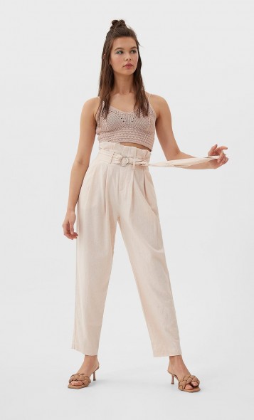 STRADIVARIUS Belted paperbag linen trousers salmon pink – high waisted summer pants