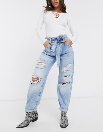 Bershka balloon fit distressed jeans in blue | ripped | destroyed